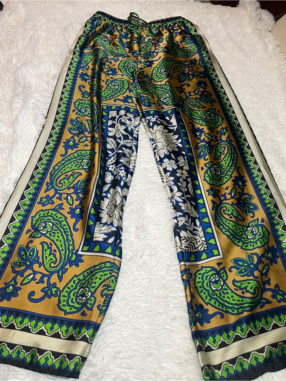 Zara Wide Leg Paisley & Floral Print Satin Pants in Green, Blue, Gold
